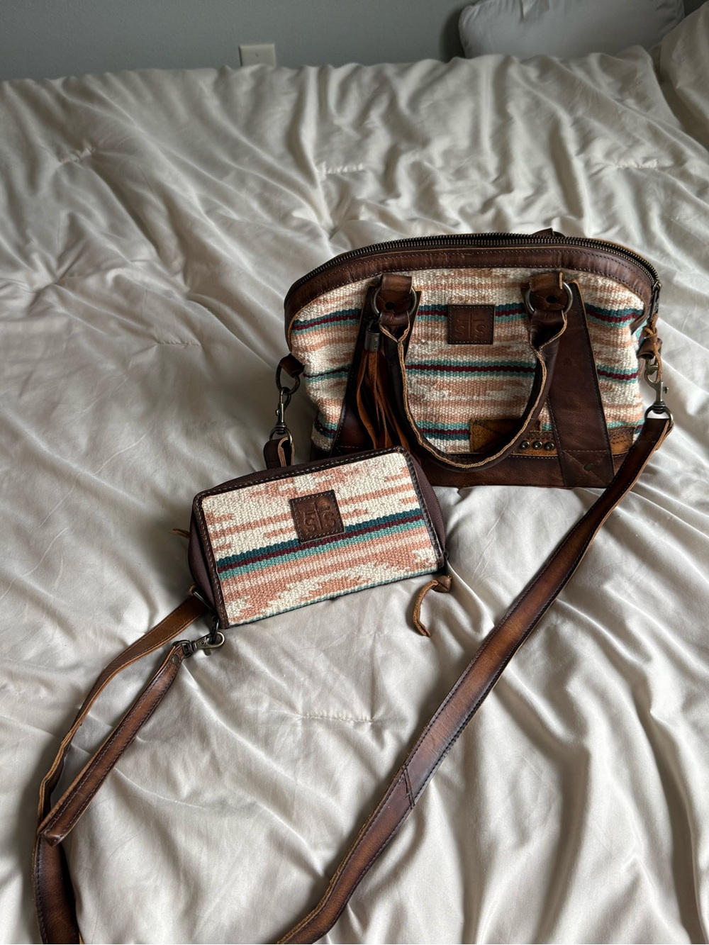 STS Ranchwear Brown, Cream & Teal Woven Crossbody Bag with Wallet